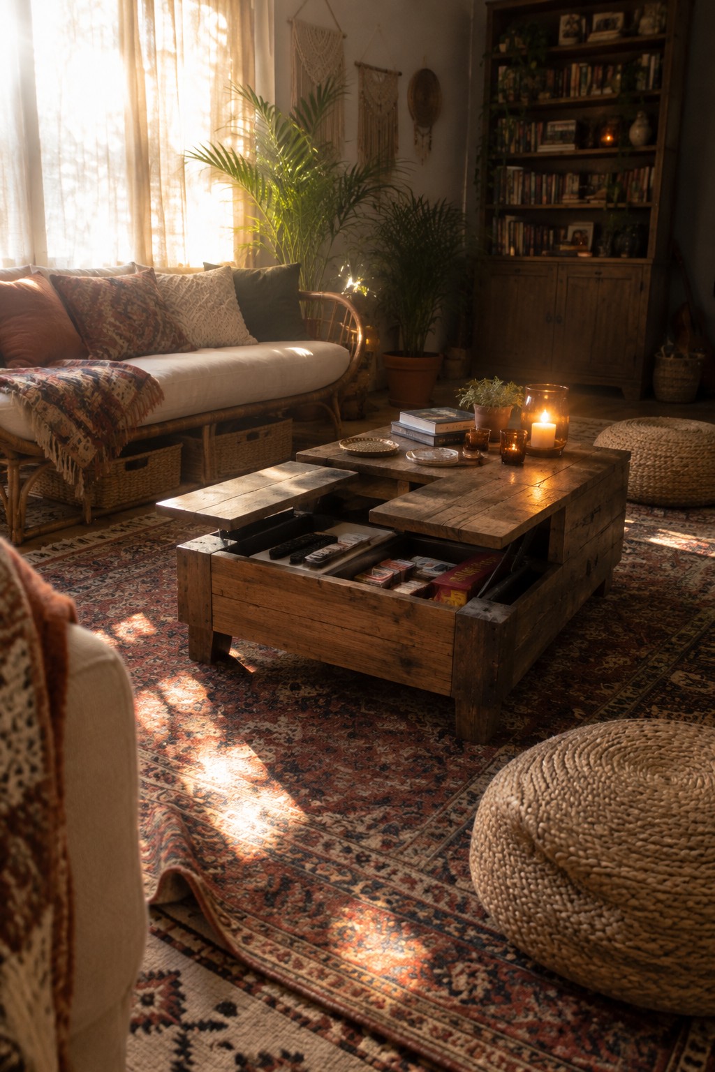 Sunlit bohemian living room with rustic wooden coffee table and open storage