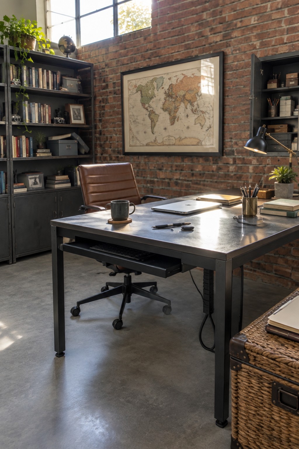 A home office featuring a dark metal desk with a pull-out keyboard tray, brown leather office chair, black bookshelves, and a large framed world map on a brick wall.