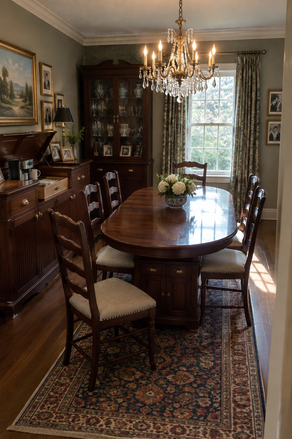 A dining room with a large oval wooden table that has cabinet doors and drawers built into the pedestal base, surrounded by wooden chairs on a patterned rug.