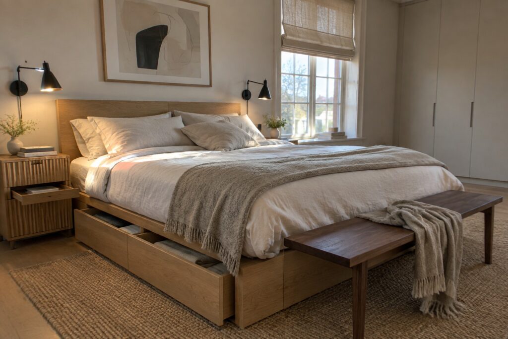 A light-filled bedroom showing a wooden platform bed with multiple storage drawers built into the base, layered with white and beige bedding and a woven rug on the floor.