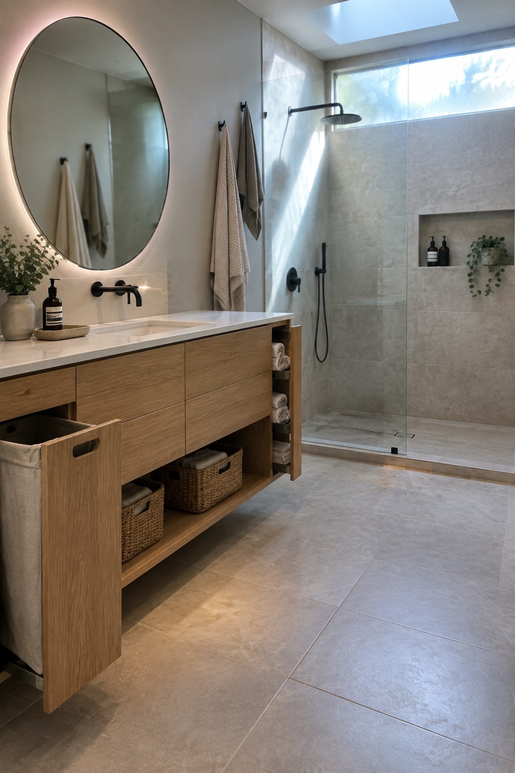 Modern bathroom with floating oak vanity, backlit round mirror, and tiled shower