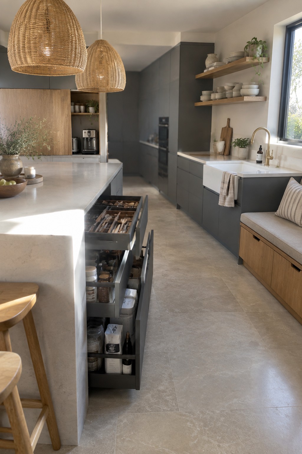 A kitchen interior showing a large marble island with multiple open pull-out drawers containing organized cutlery, jars, and storage bins.