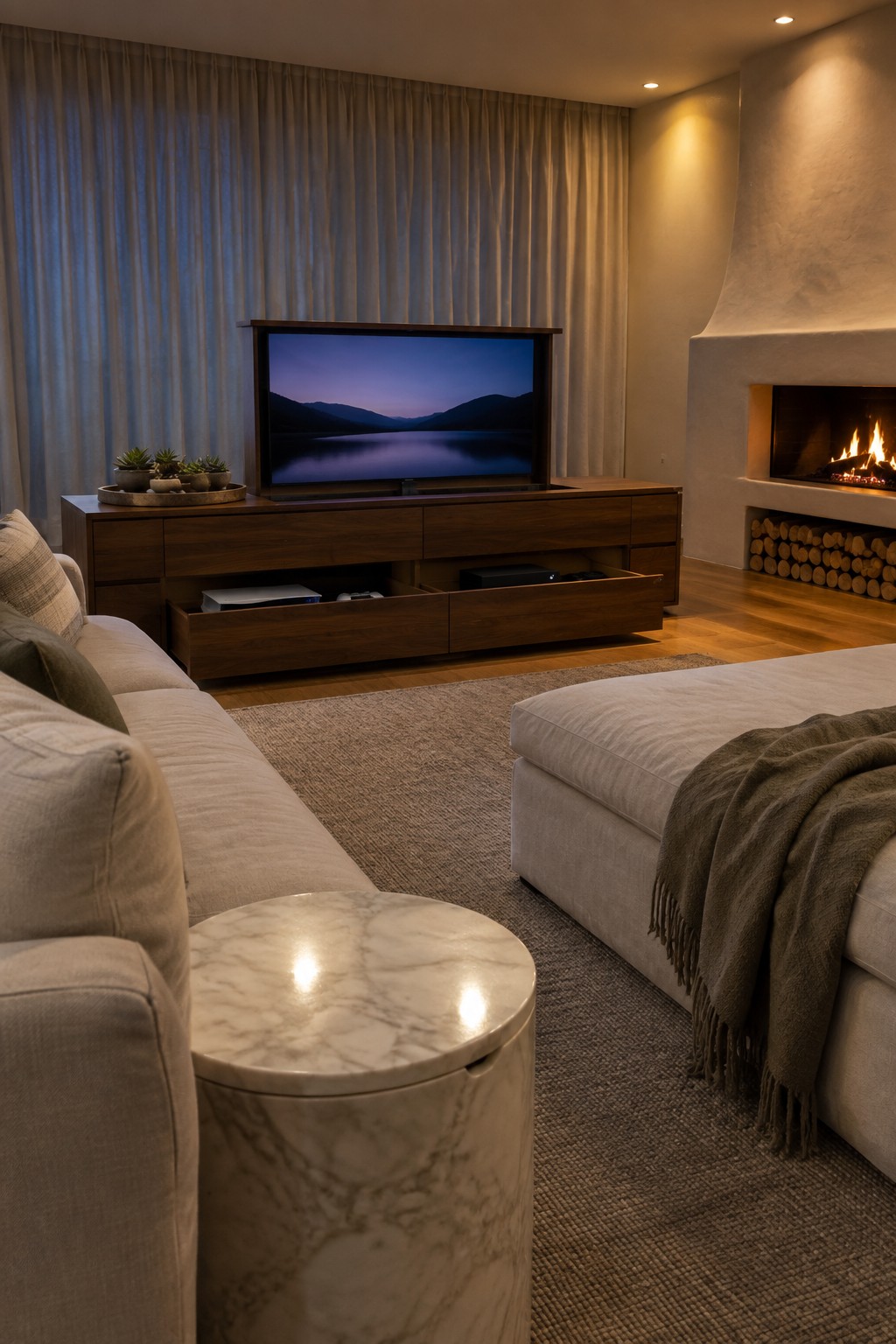 Modern living room with beige sofa, marble table, TV on wood console, and fireplace