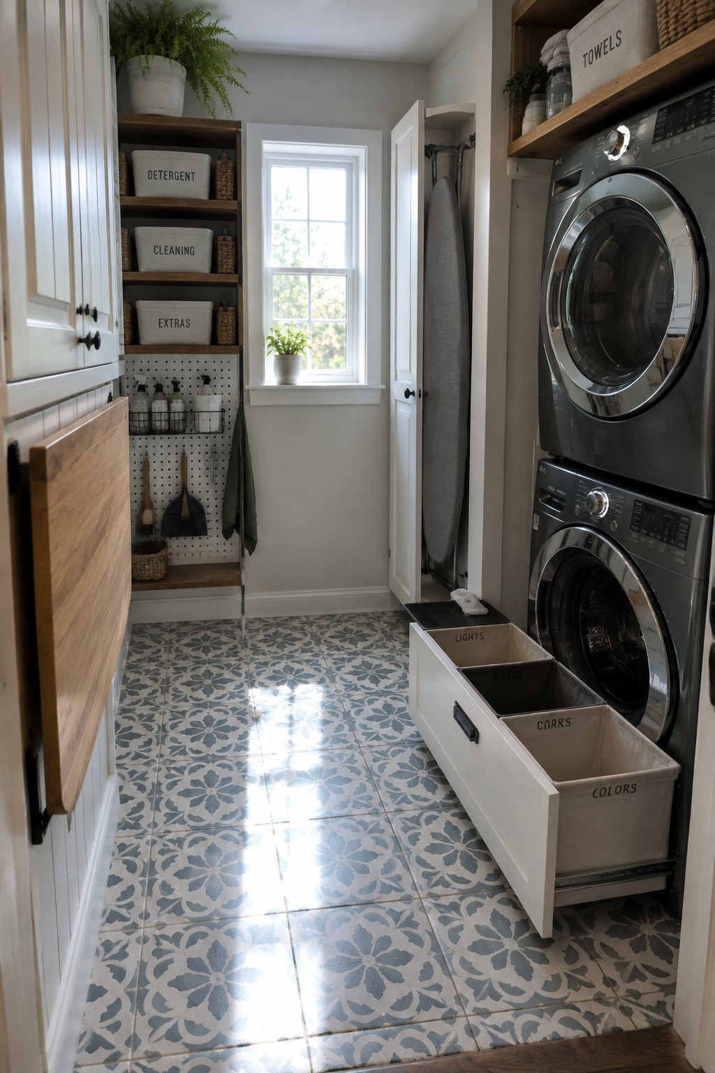 Modern laundry room with patterned tile floor, stacked washer dryer, and sorting bins