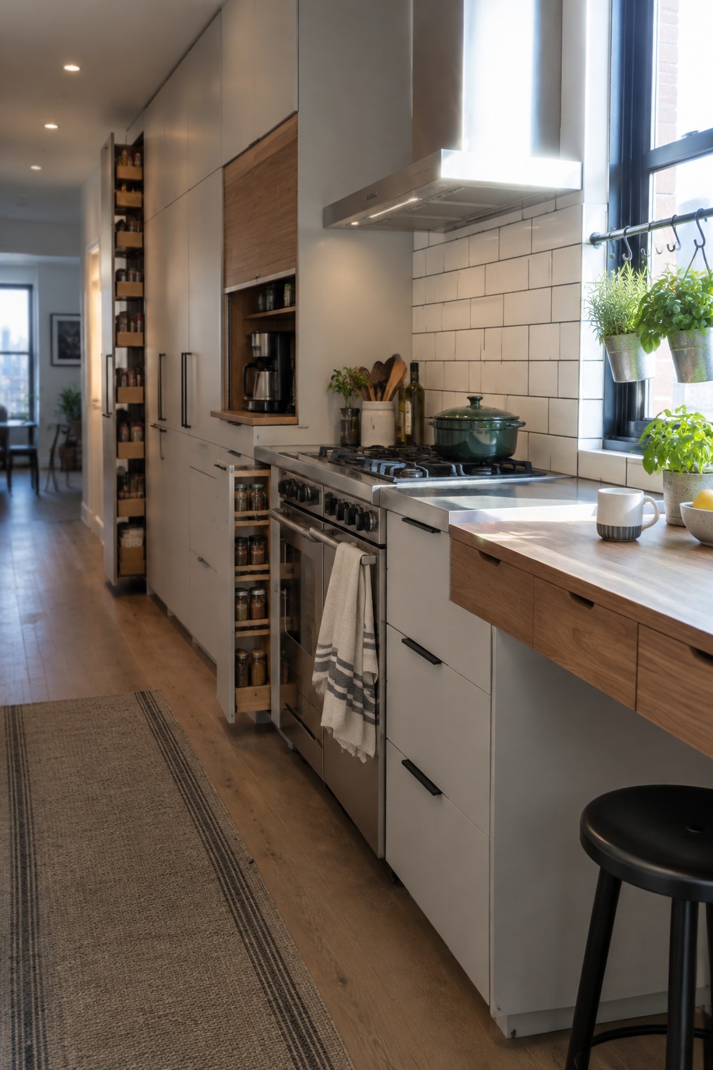 Modern kitchen interior with white cabinets, multiple open pull-out shelves holding jars and spices, stainless steel range, wooden countertops, and a window with plants.