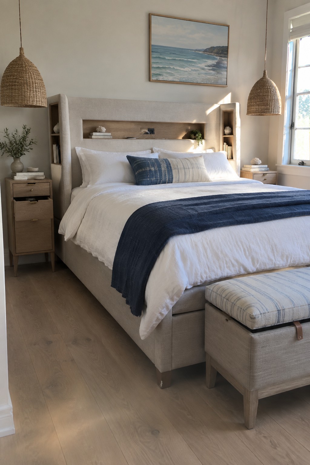 A bedroom featuring a bed with an upholstered headboard containing built-in shelves, white linens, a blue throw blanket, a striped storage bench at the foot of the bed, wooden nightstands, and woven pendant lights.