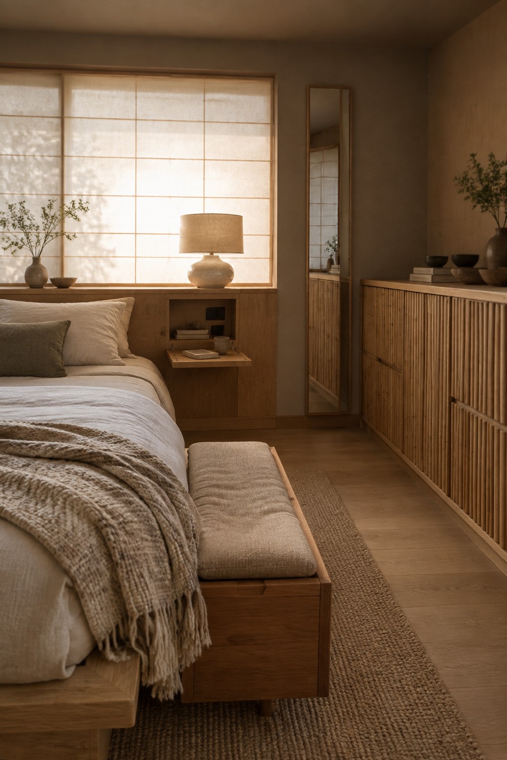 Minimalist wooden bedroom with shoji window, beige linen bedding, tall mirror, and woven rug
