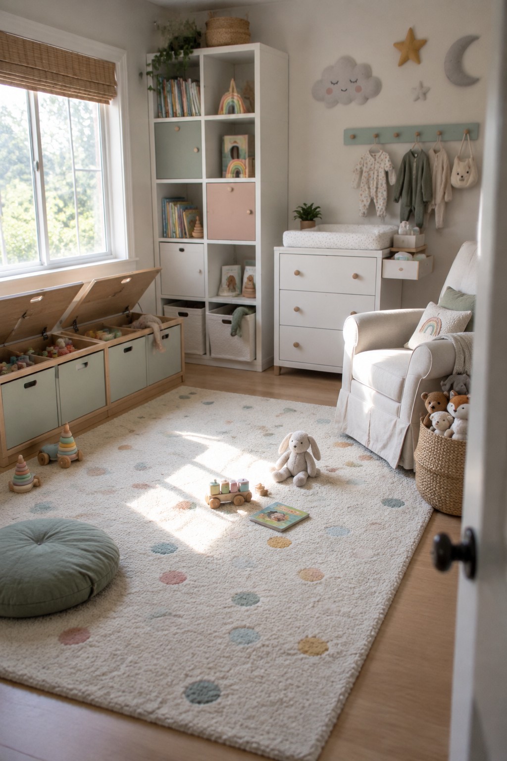 A children's playroom with a wooden toy chest open to show compartments, a white cubby storage unit with bins, a polka dot rug, and an armchair on light wood flooring.
