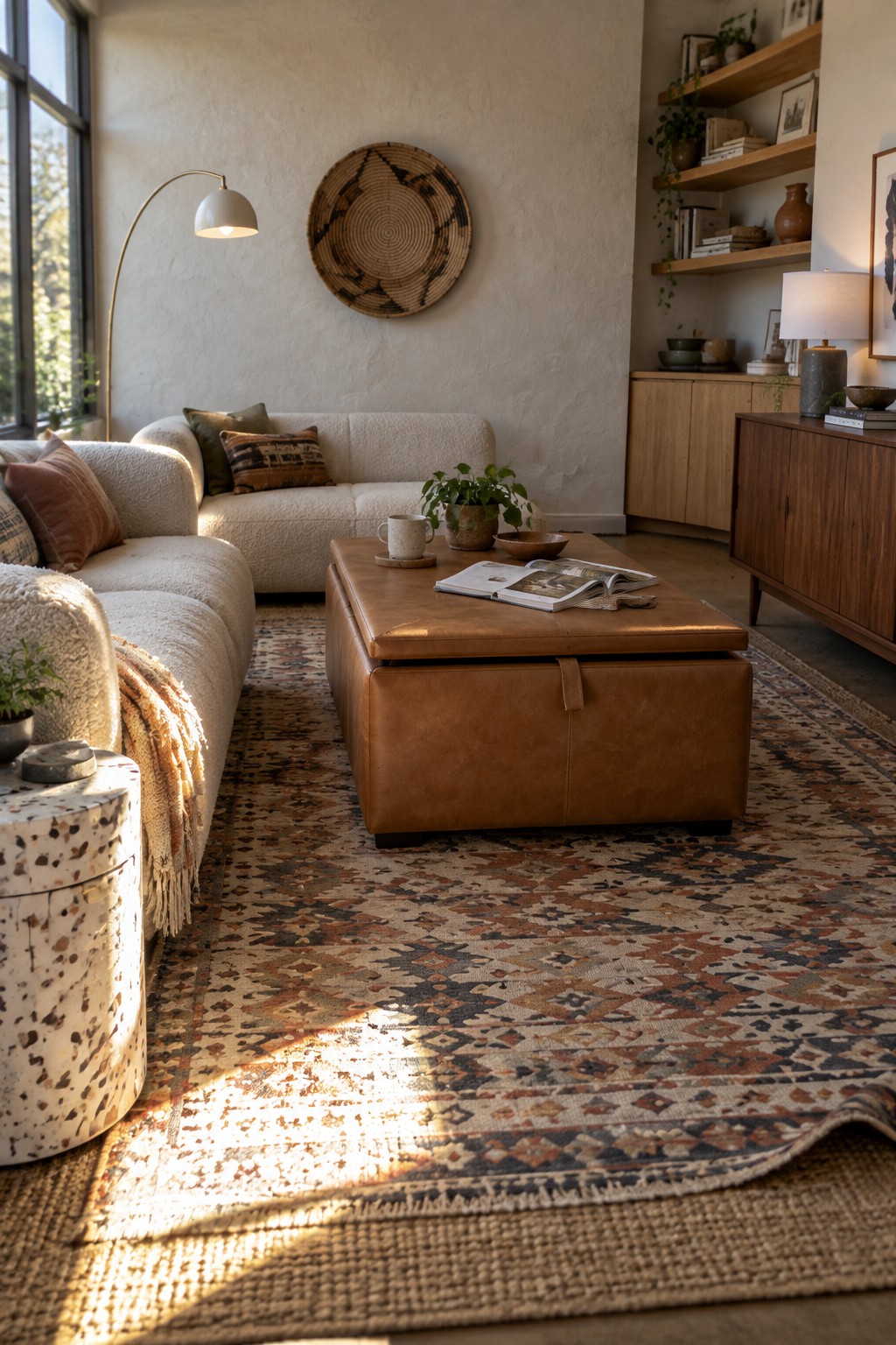 A living room with a brown leather storage ottoman used as a coffee table on a patterned rug in front of a white sectional sofa.