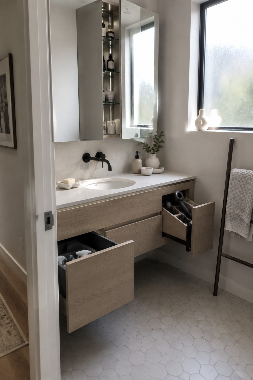 Modern bathroom with light wood floating vanity, open drawers showing a hairdryer and spray bottles, white sink, and wall-mounted mirrored cabinet.
