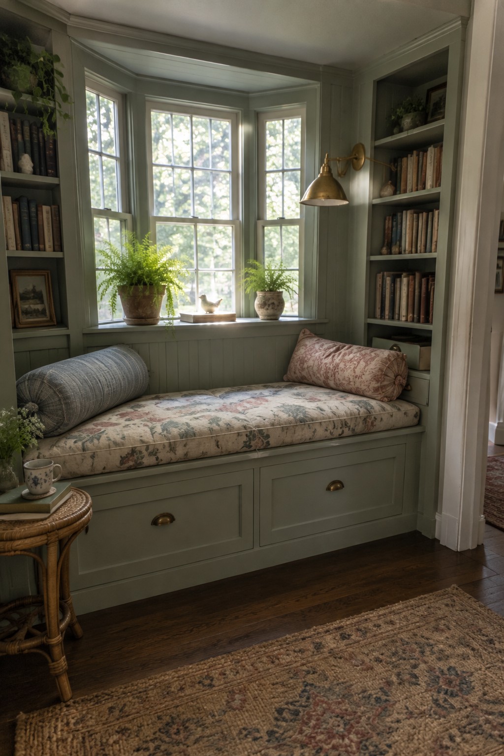 Cozy sage green window seat with floral cushion, bookshelves, brass lamp, and plants.
