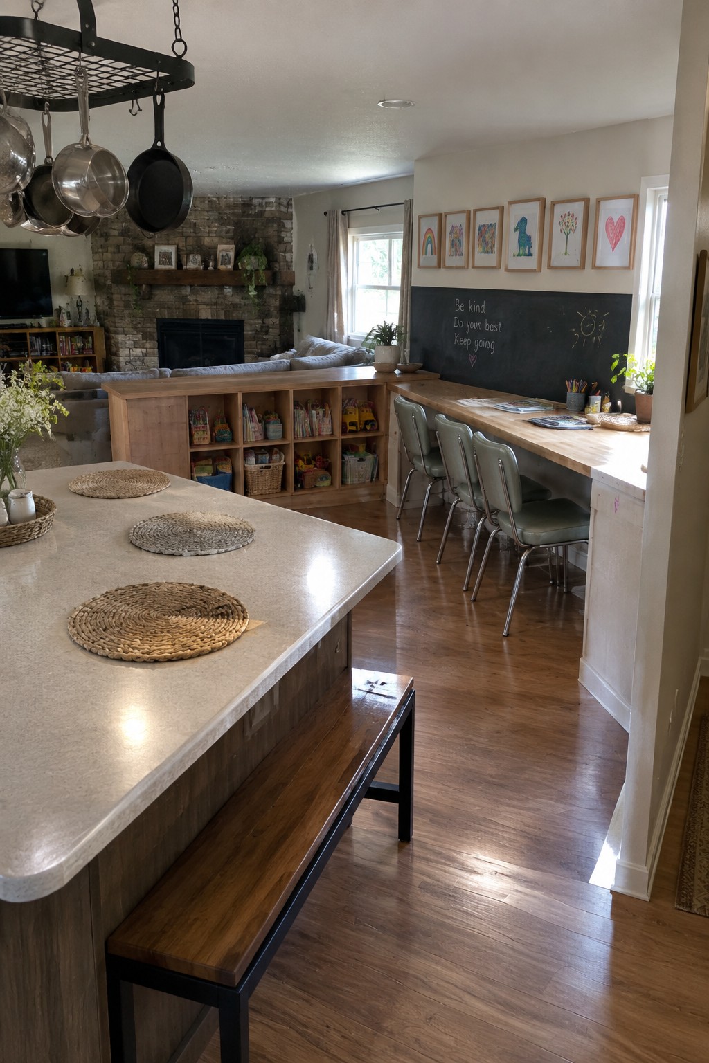An open kitchen and living area with a long wooden counter lined with green chairs, a large kitchen island with a wooden bench, and a chalkboard wall with children's artwork in the background.