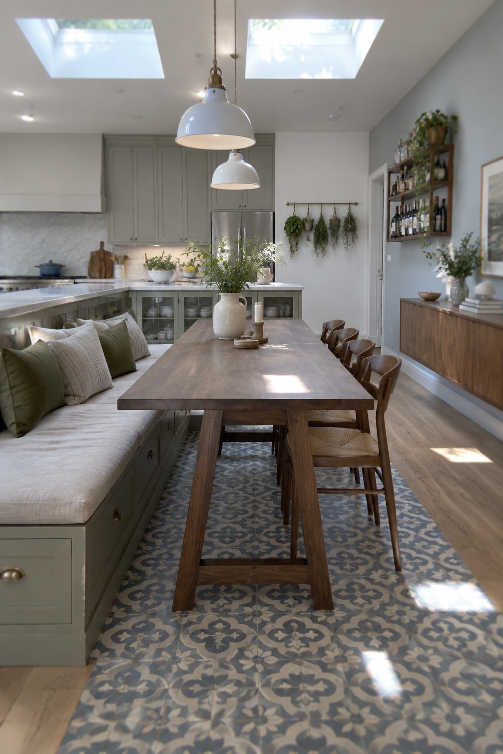 Long wooden dining table with bench seating, wooden chairs, patterned tiles, and pendant lights in kitchen.
