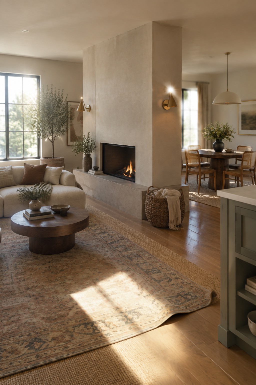 Cozy living room with stone fireplace, beige sofa, round wood table, and patterned rug