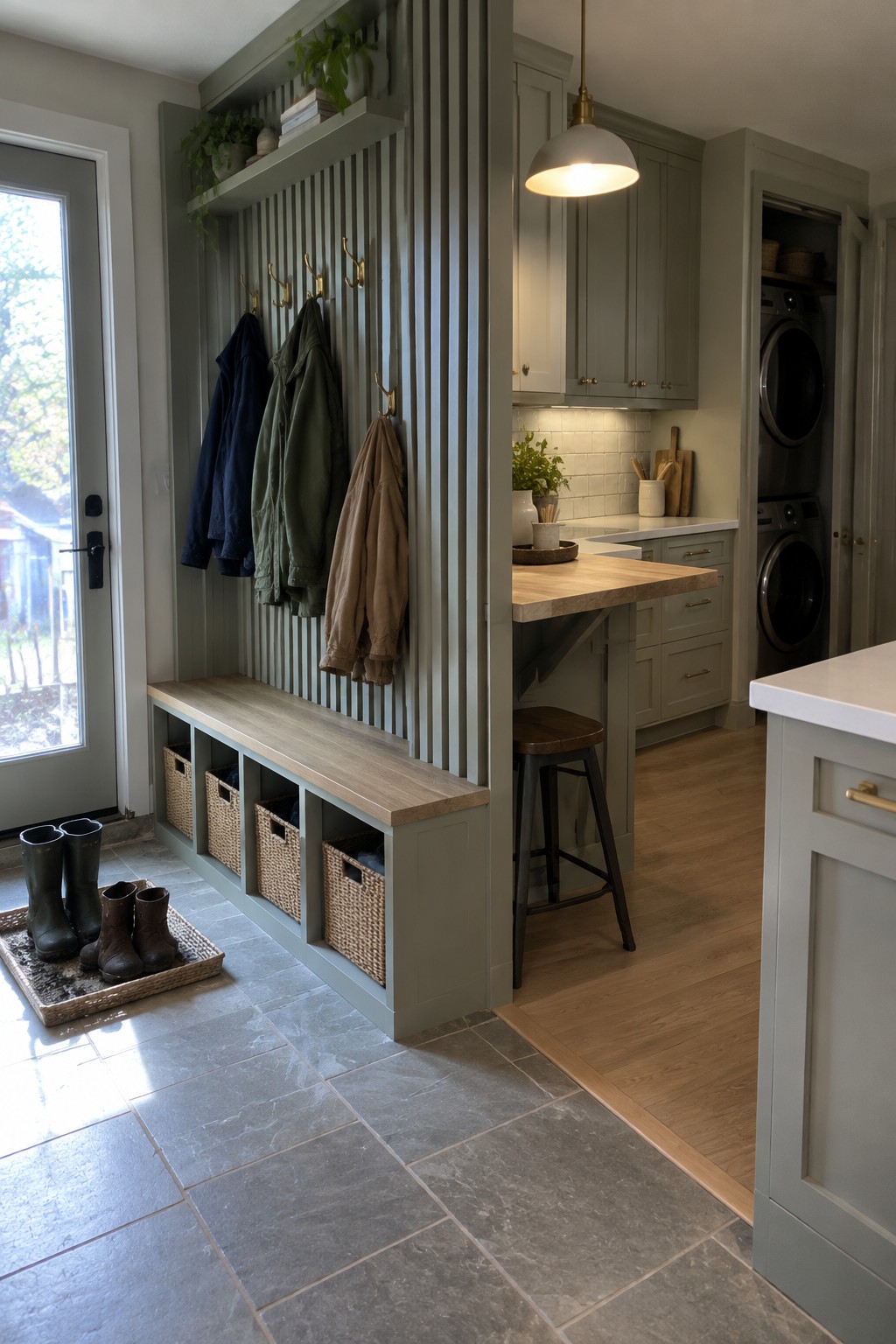 A sage green built-in bench with wicker storage baskets and brass hooks holds jackets in an entry area that opens to a kitchen with a wooden island and visible laundry appliances.