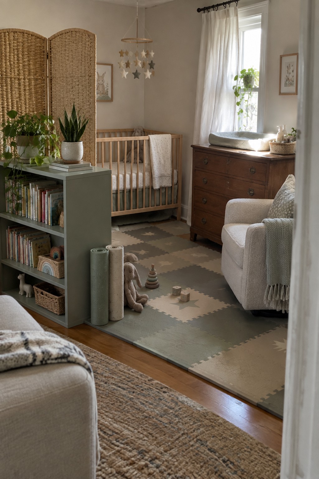 A bright nursery with a wooden crib, sage green bookshelf stocked with books, star-patterned foam play mat on hardwood floors, white armchair, and wooden dresser near a window.