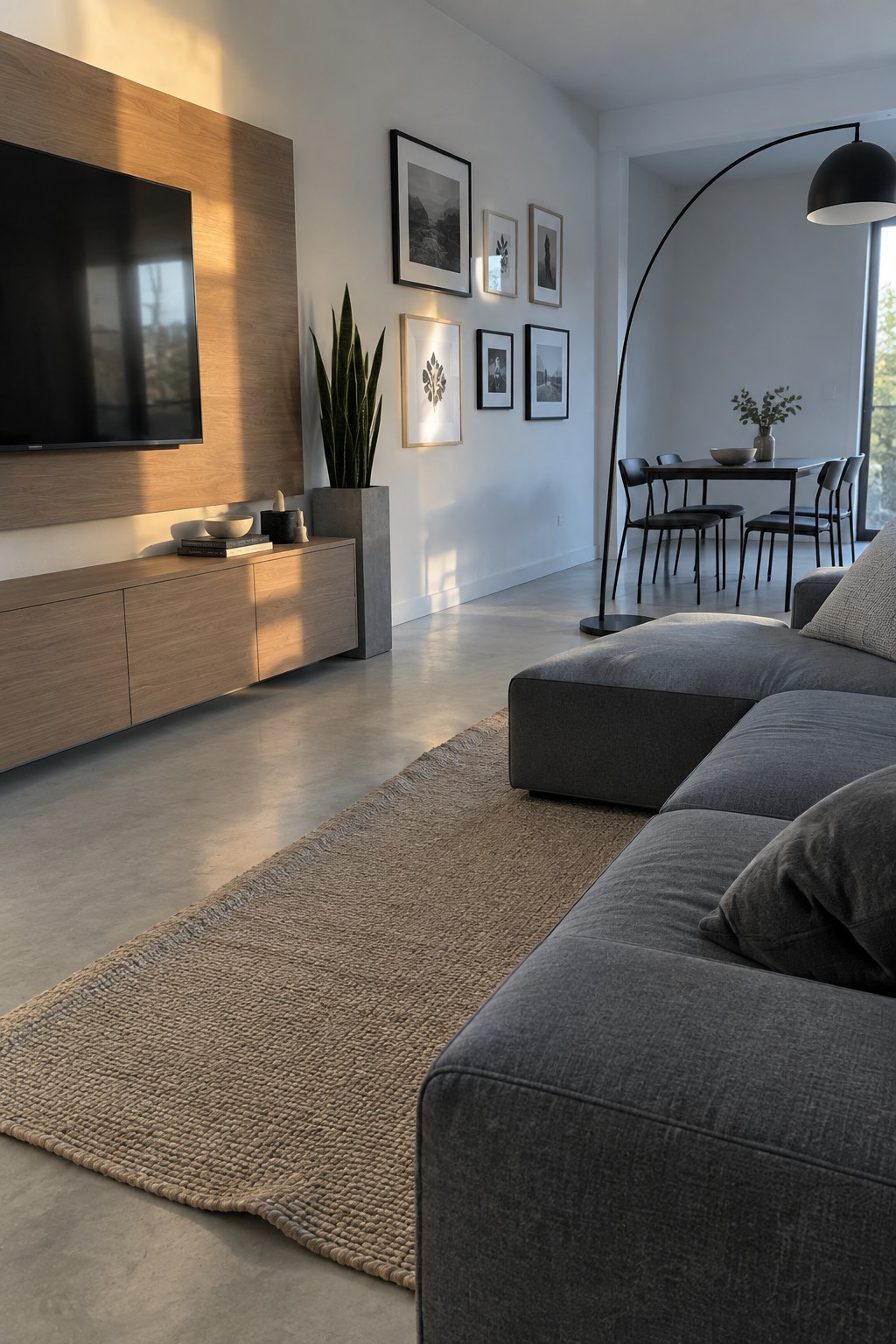 Modern living room with gray sectional sofa, wooden TV console, and gallery wall art