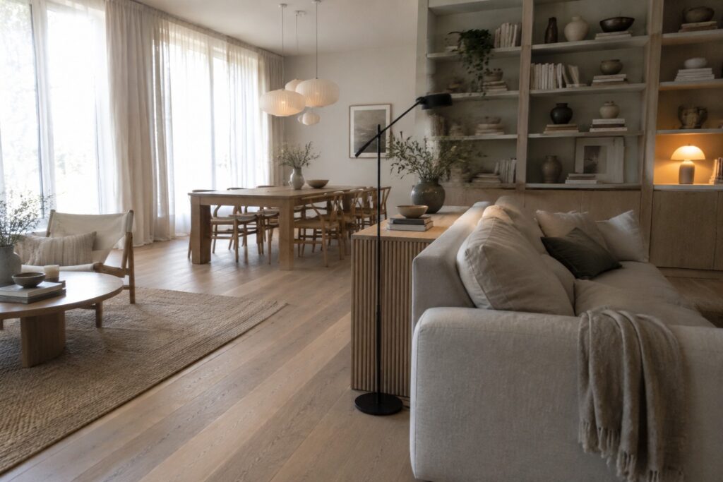 A light-colored sofa with a wooden console table behind it, a floor lamp, and a dining table visible in the background of an open living space.