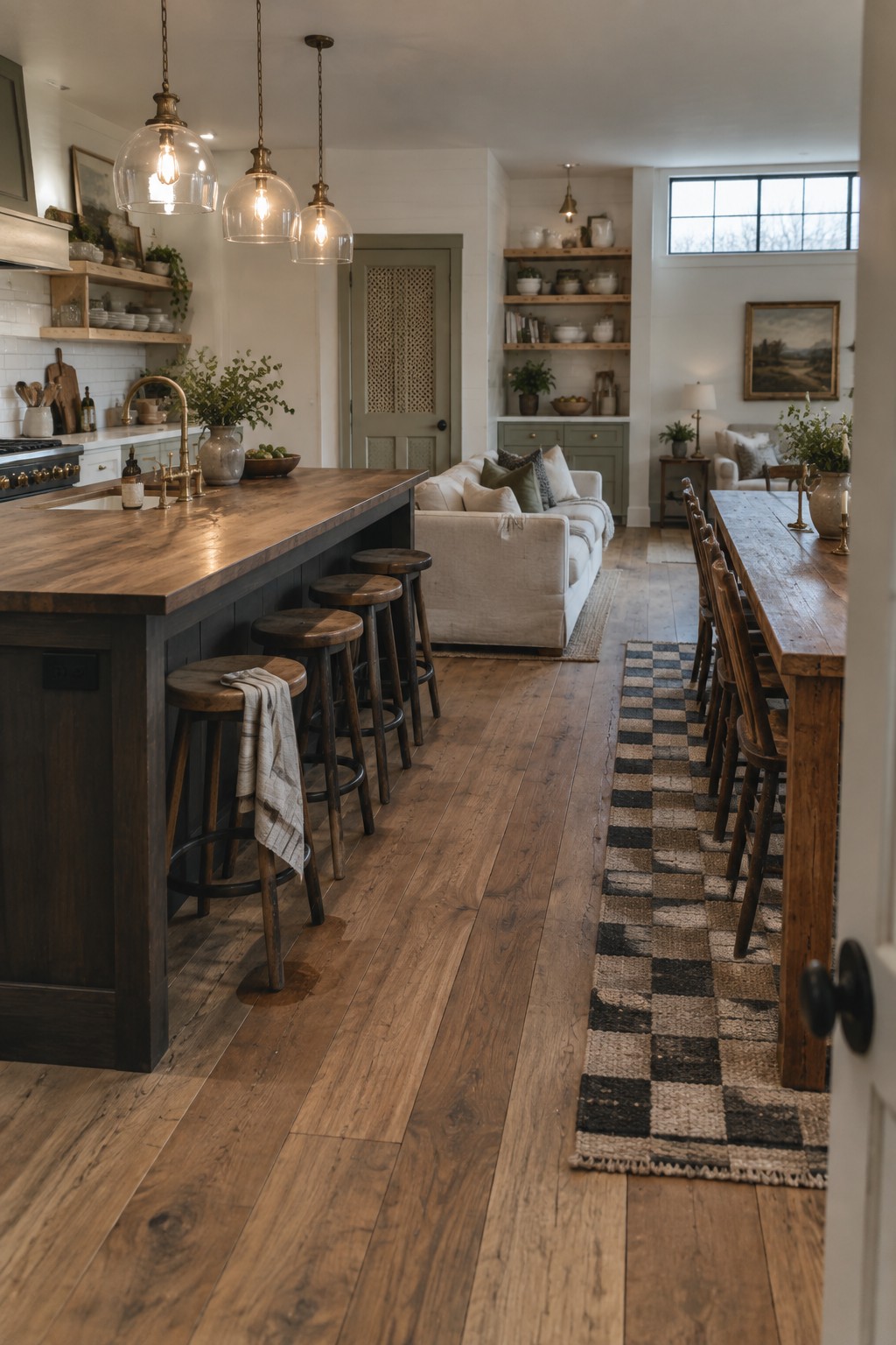 An open-concept kitchen and living space featuring a large wooden kitchen island with bar stools, a light-colored sofa, and a long wooden dining table on a checkered rug.