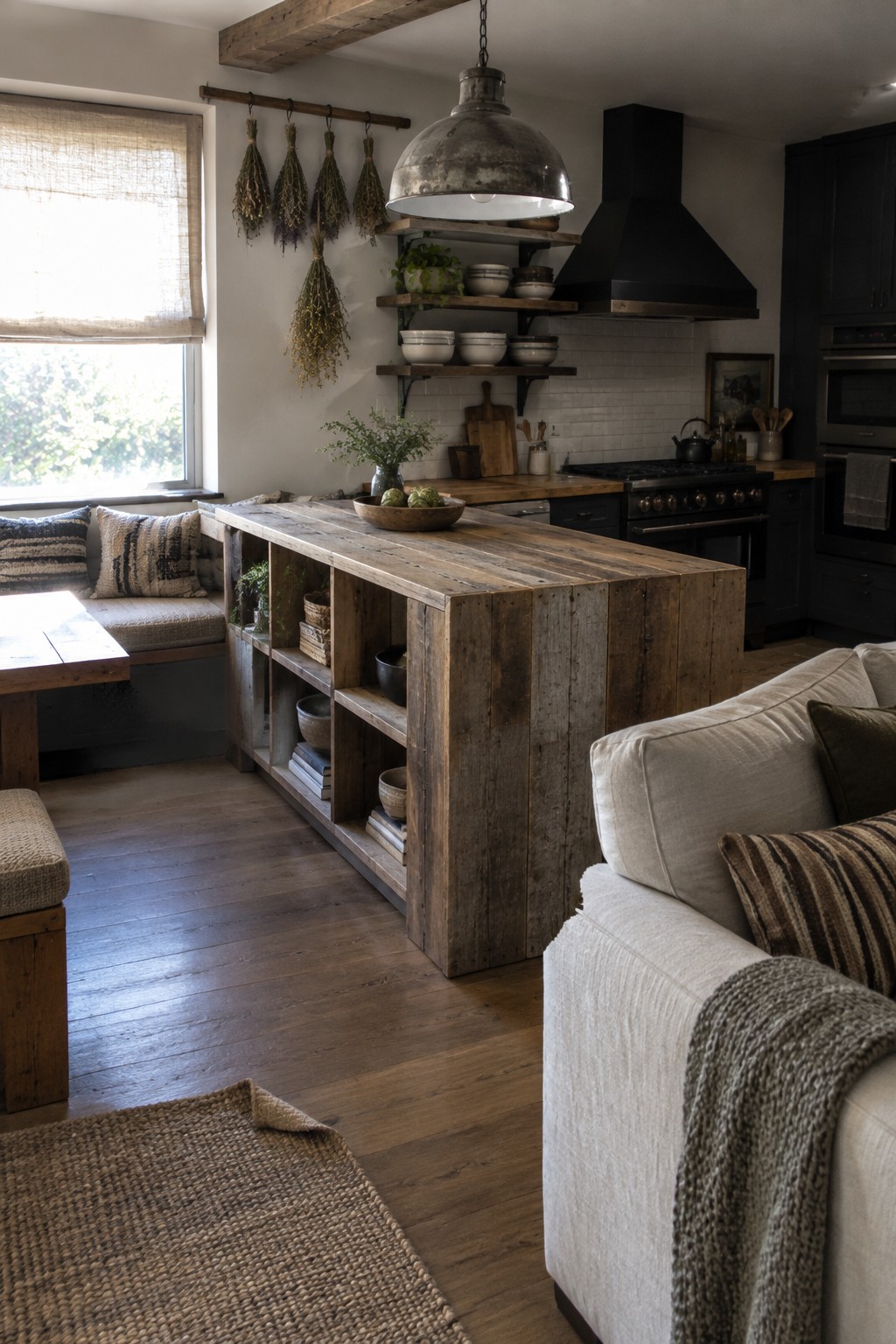A large rustic wooden kitchen island with open shelving divides a kitchen from an adjacent living area with a sofa and window seat.