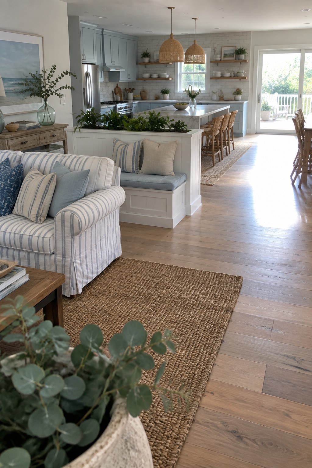 Coastal kitchen-living area with blue cabinets, marble island, striped sofa, and jute rugs