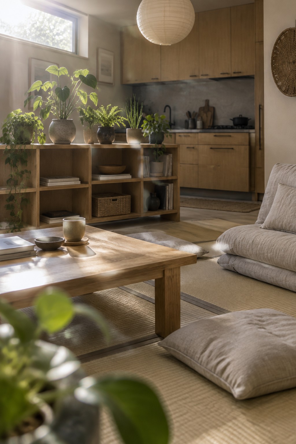 A low wooden coffee table with a cup and bowl sits on tatami mats in front of a light fabric sofa, with wooden open shelving holding plants and books visible behind it and a kitchen area in the background.
