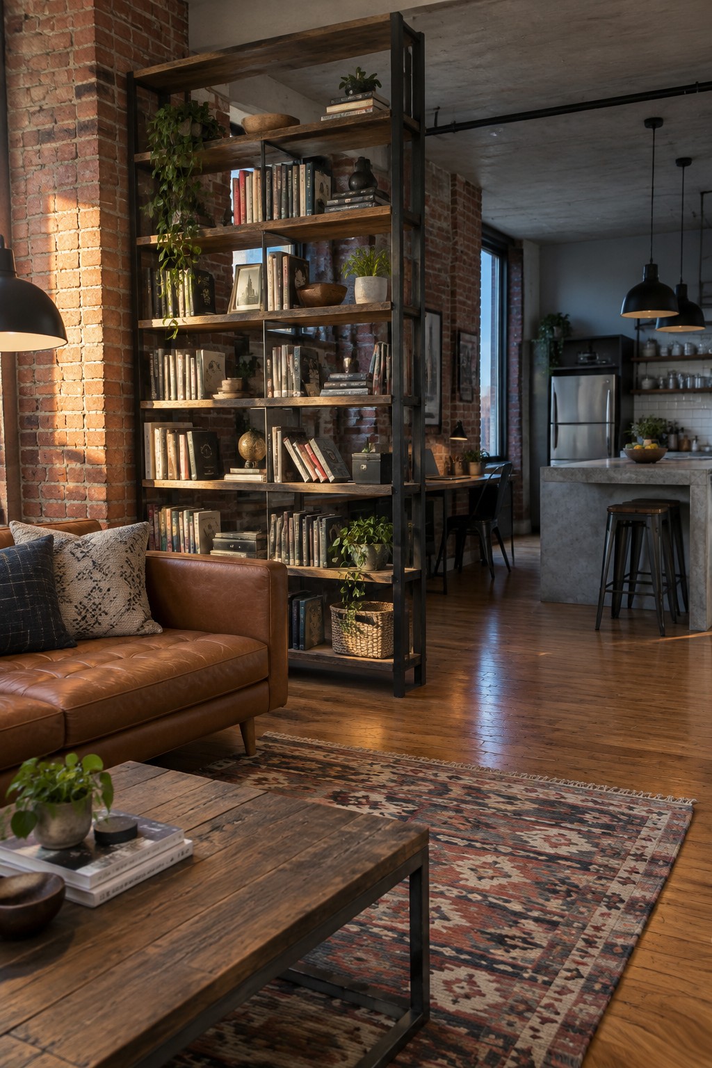 A living room featuring a tall wooden and metal bookshelf filled with books and plants, positioned next to a brown leather sofa with a patterned rug and wooden coffee table, opening toward a kitchen with a concrete island.