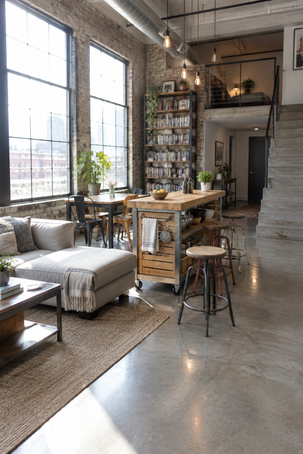A bright open loft interior showing a wooden kitchen island on wheels with metal stools, a gray sectional sofa, large windows, exposed brick walls, and a tall bookshelf in the background.