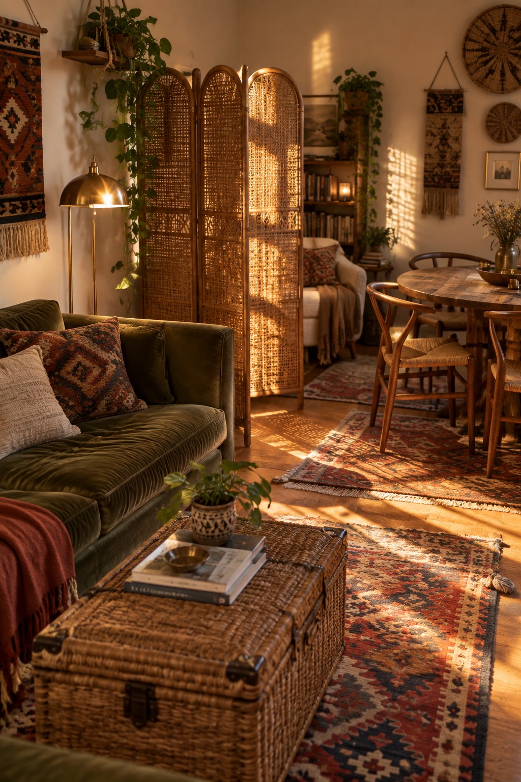 Sunlit bohemian living room with green velvet sofa, rattan screen, and colorful rugs