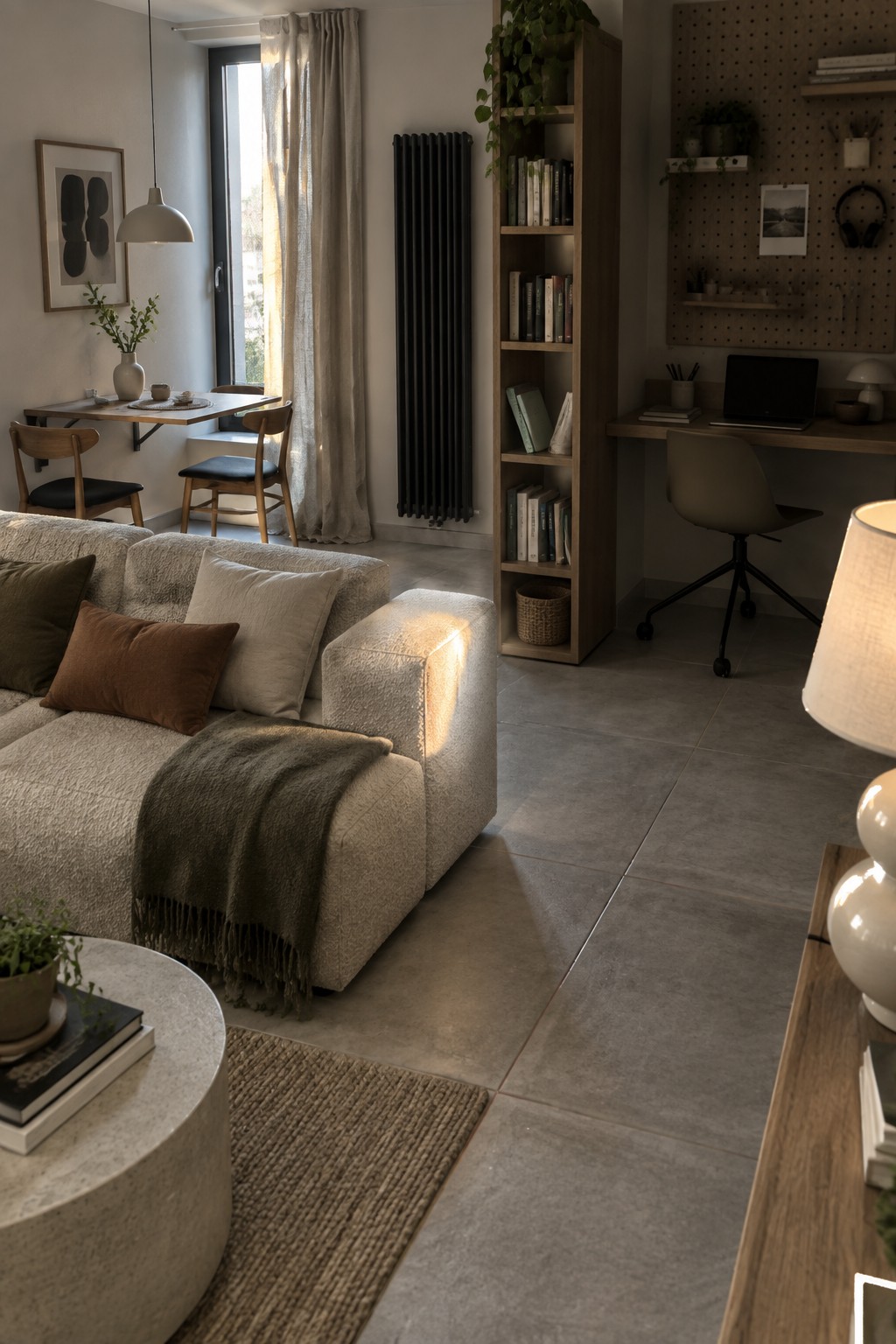 A bright open-plan living room with a large beige sectional sofa, woven area rug, round coffee table, tall wooden bookshelf, and a desk with chair near a window.