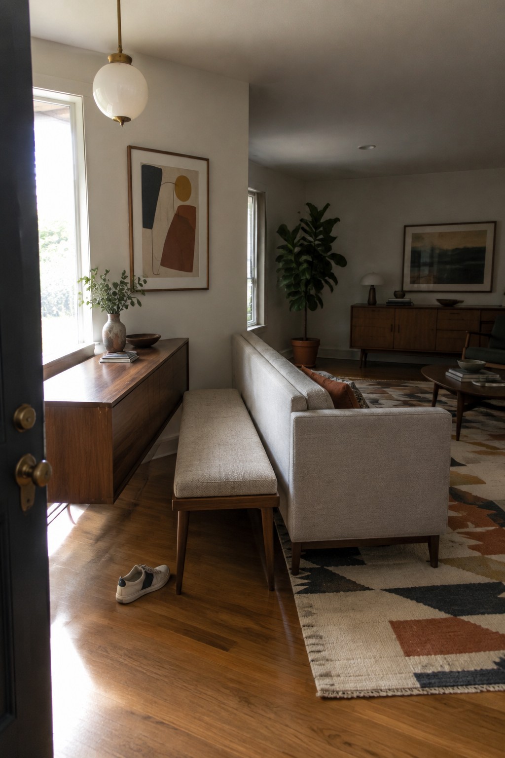 Living room with beige sofa, wooden bench, colorful geometric rug, and abstract art.