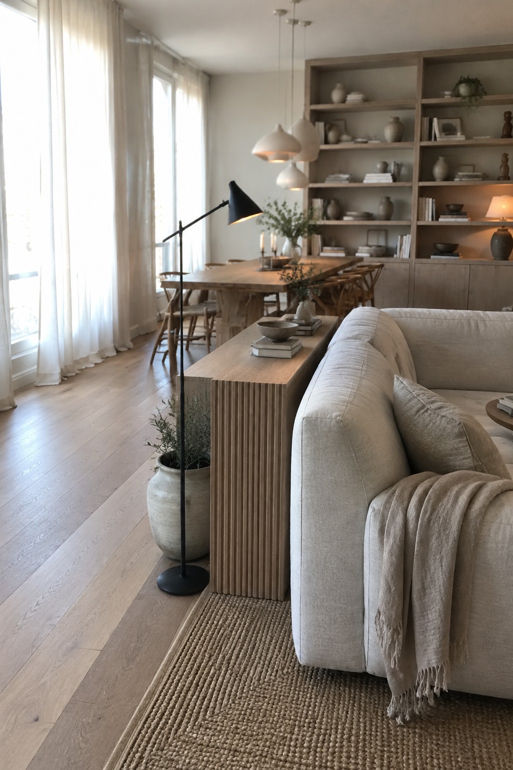 A light-colored sofa with a wooden console table behind it, a floor lamp, and a dining table visible in the background of an open living space.