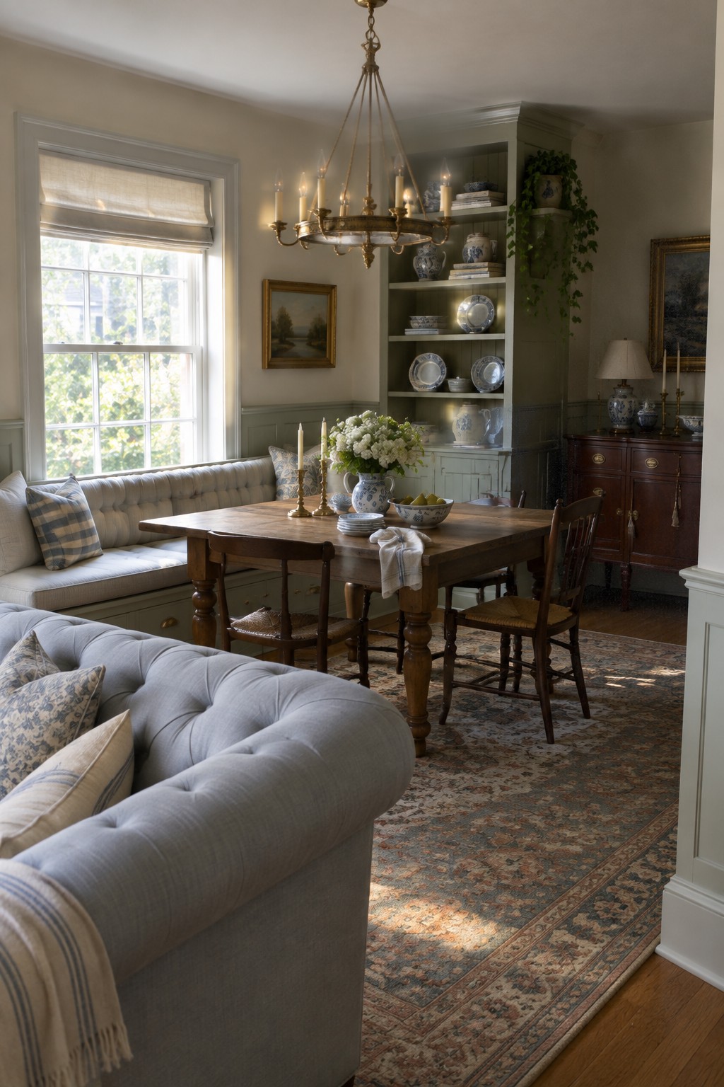 A dining room with a wooden table and chairs placed on a large patterned rug, next to a gray sofa and built-in shelves with dishes.