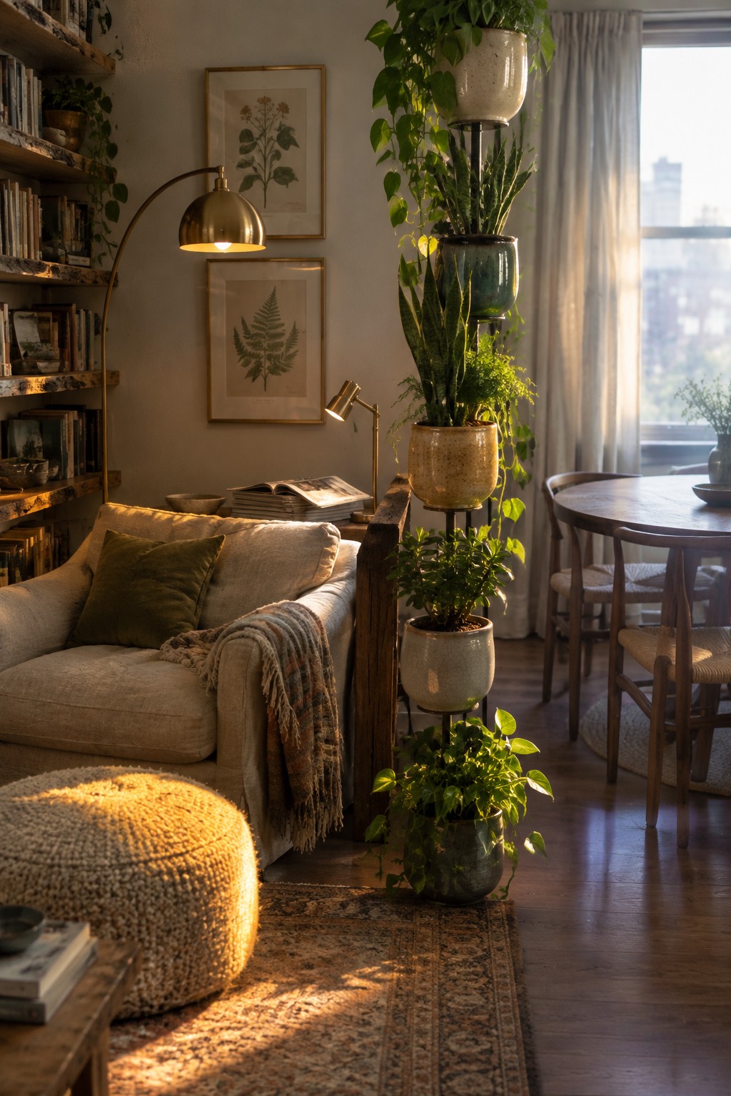A living room with a beige sofa and a tall multi-tiered plant stand holding several potted plants positioned next to a wooden dining table near a window.