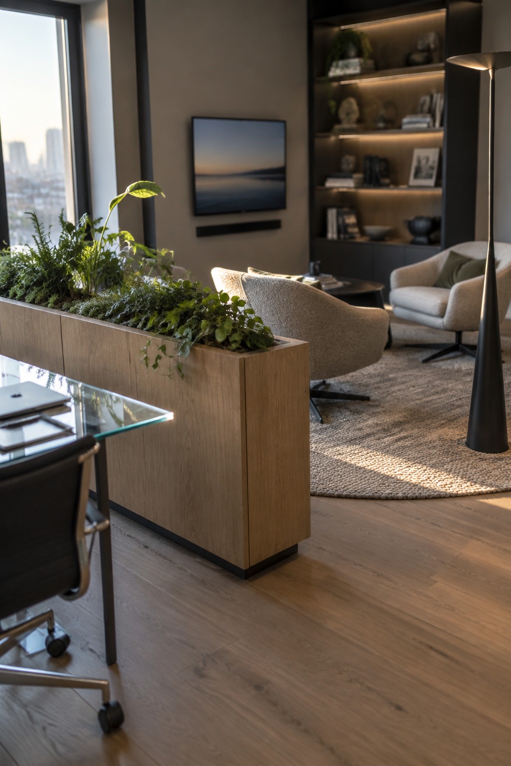 A modern open interior showing a long wooden planter filled with green plants separating a glass desk and office chair from upholstered lounge chairs and a wall-mounted television.