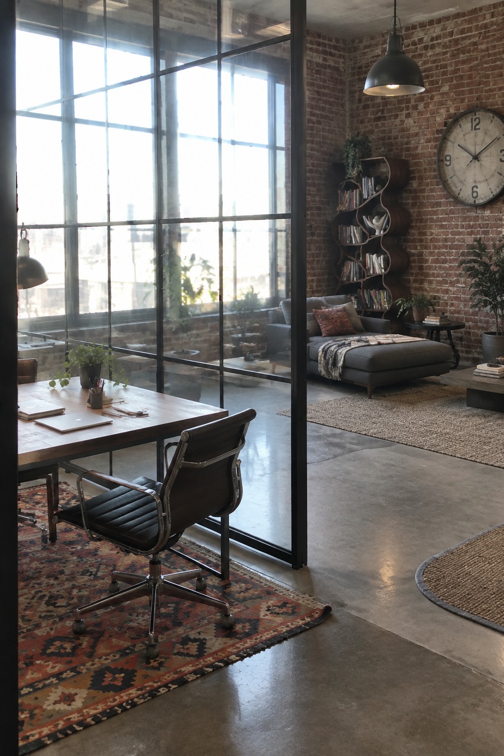 A wooden desk with a black office chair sits on a patterned rug in front of a black-framed glass partition that separates it from a living area with a gray sofa against a brick wall.