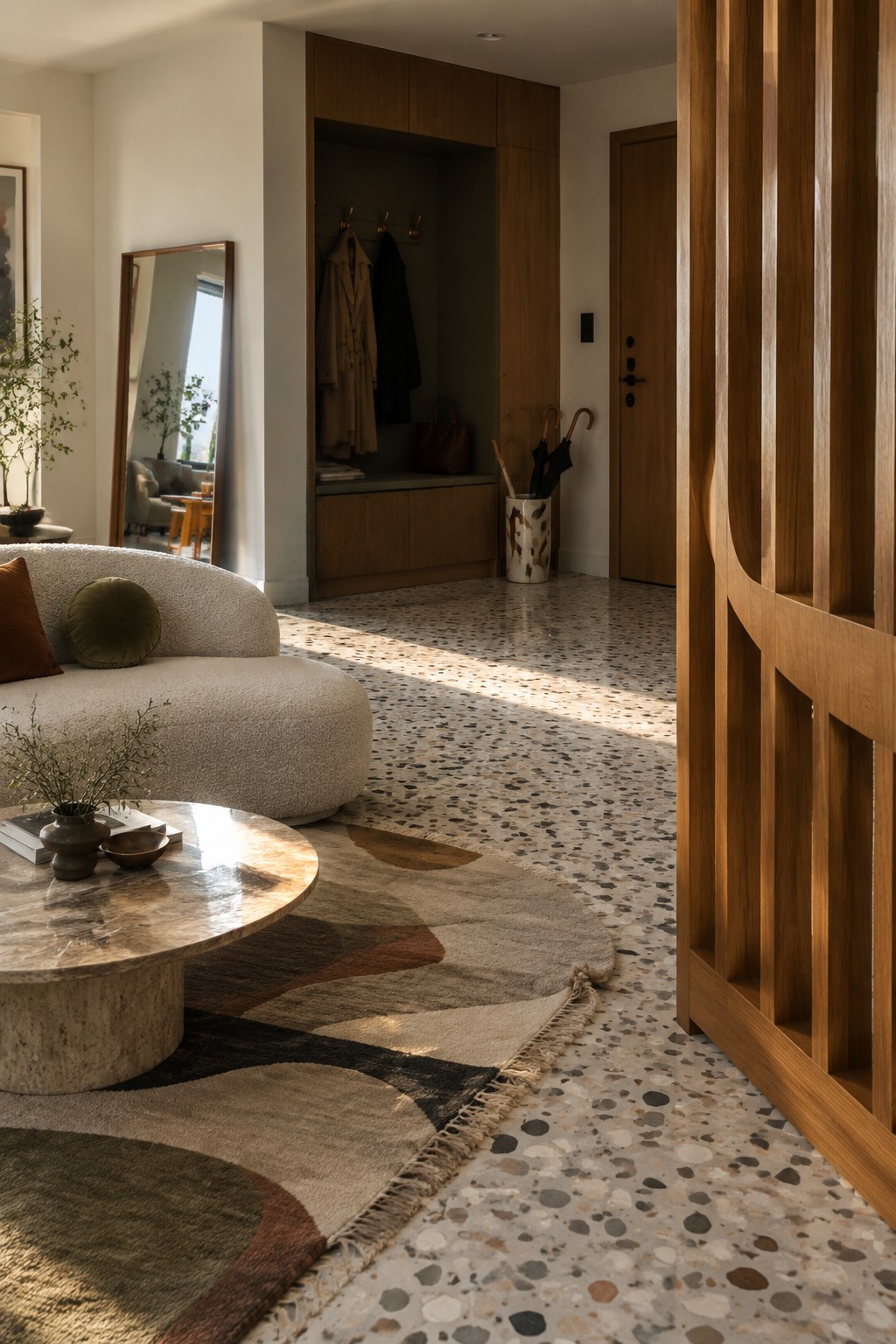 Sunlit modern entryway with terrazzo floor, abstract rug, curved sofa, and wooden cabinetry