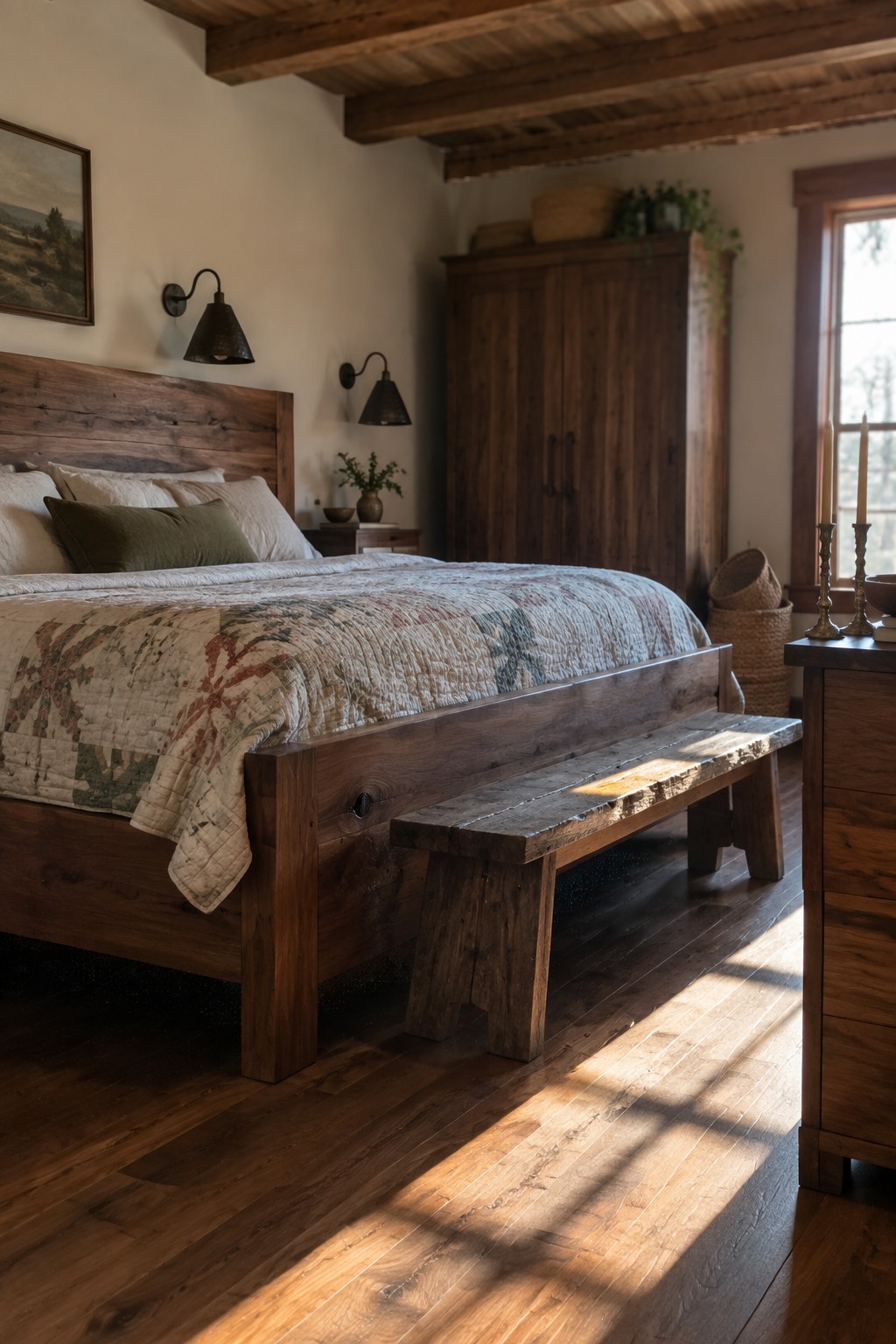 Rustic bedroom with wooden bed, patchwork quilt, bench, and sunlight on floor