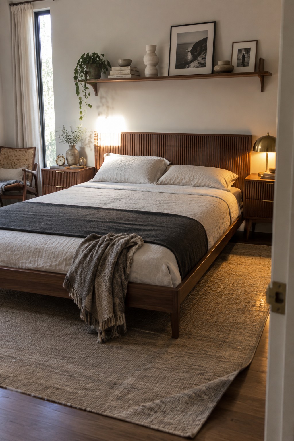 A bedroom with a large bed that has a tall walnut headboard featuring vertical slats, white bedding with a gray throw, wooden nightstands, and a woven rug on the floor.