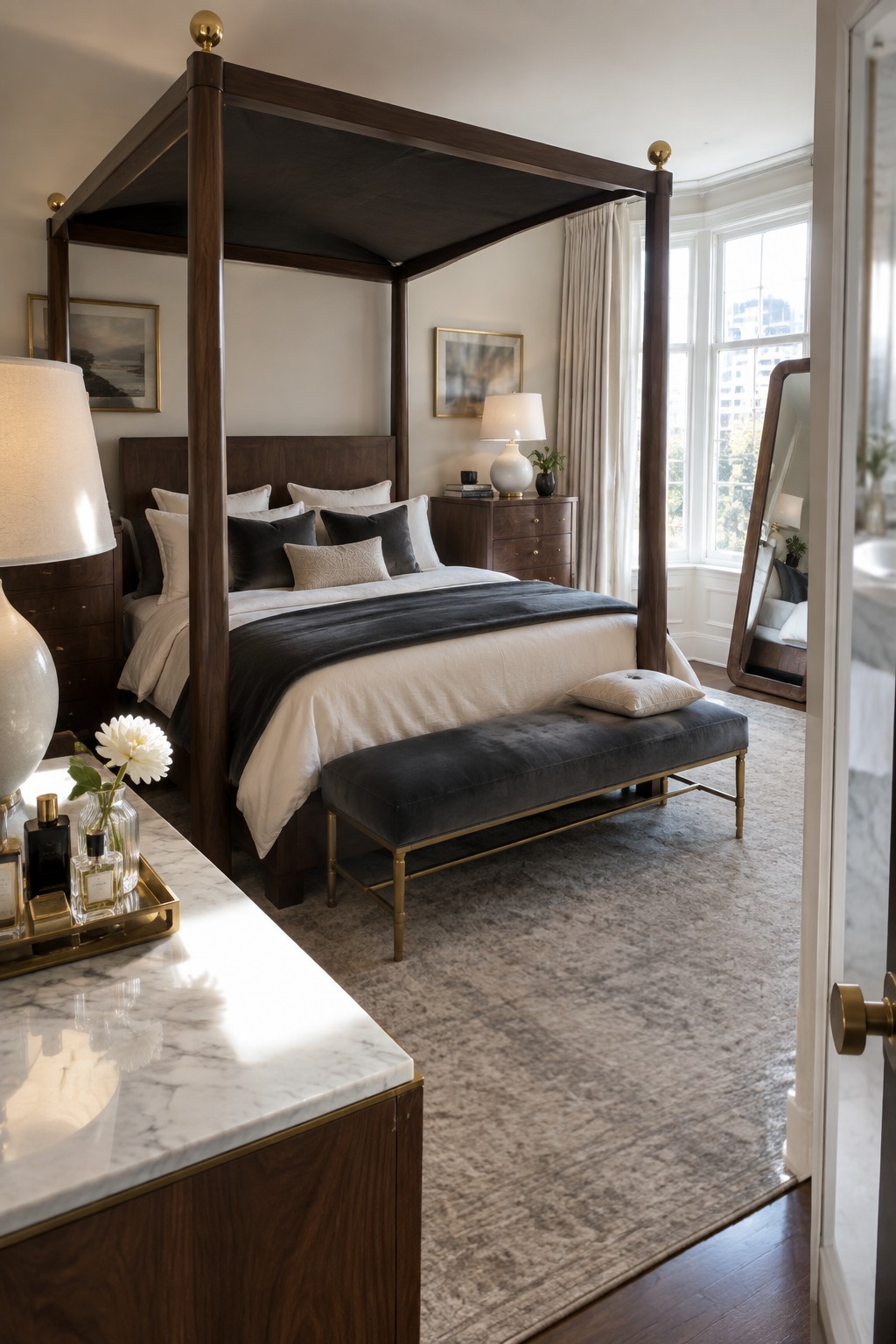 A bedroom with a dark wood four-poster bed in white and dark bedding, a gray velvet bench, and a marble-topped walnut console in the foreground.