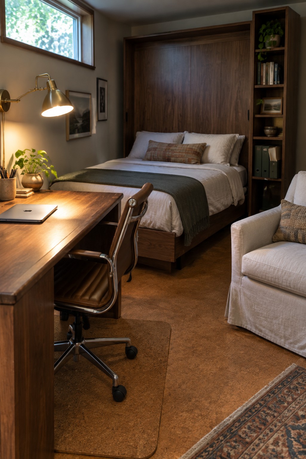 Cozy modern bedroom office with wooden desk, leather chair, and bed nook