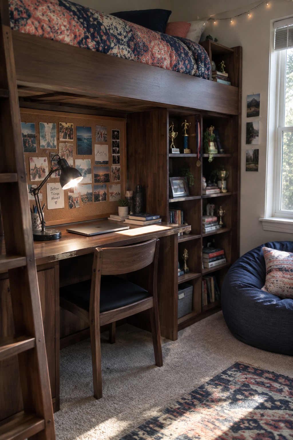 A bedroom with a dark walnut loft bed above a built-in desk and shelving unit, featuring a wooden chair, corkboard, laptop, and books.