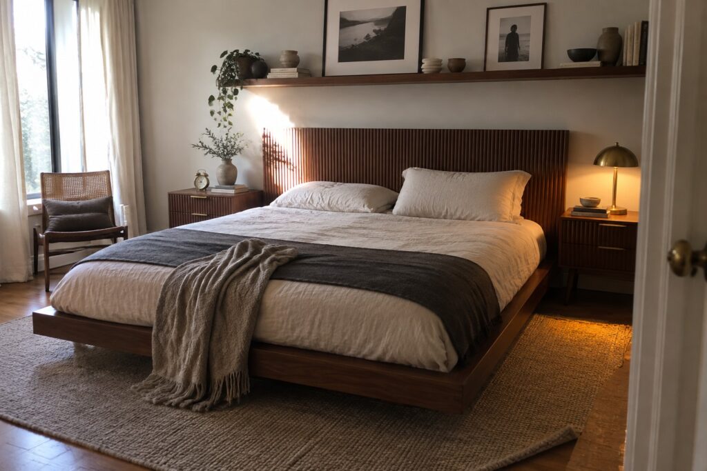 22 Walnut Bedroom Furniture Ideas for Deep Wood Tones A bedroom with a large bed that has a tall walnut headboard featuring vertical slats, white bedding with a gray throw, wooden nightstands, and a woven rug on the floor.