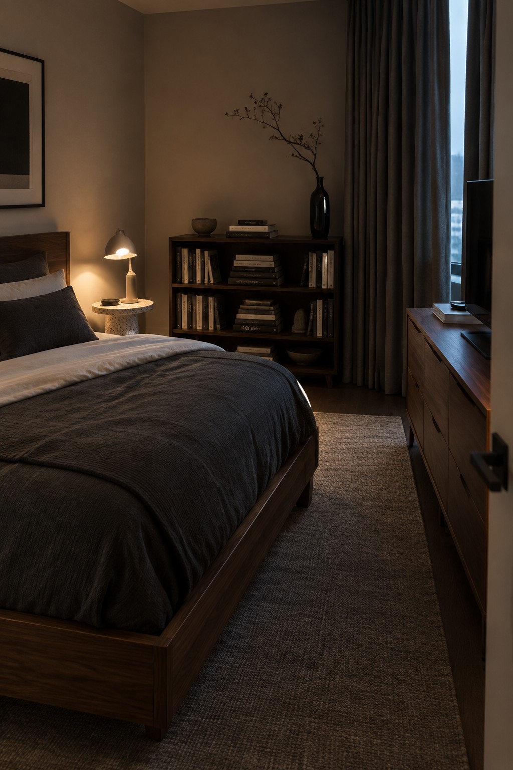 Moody minimalist bedroom with dark wooden bed, bookshelves, and warm lamp light.