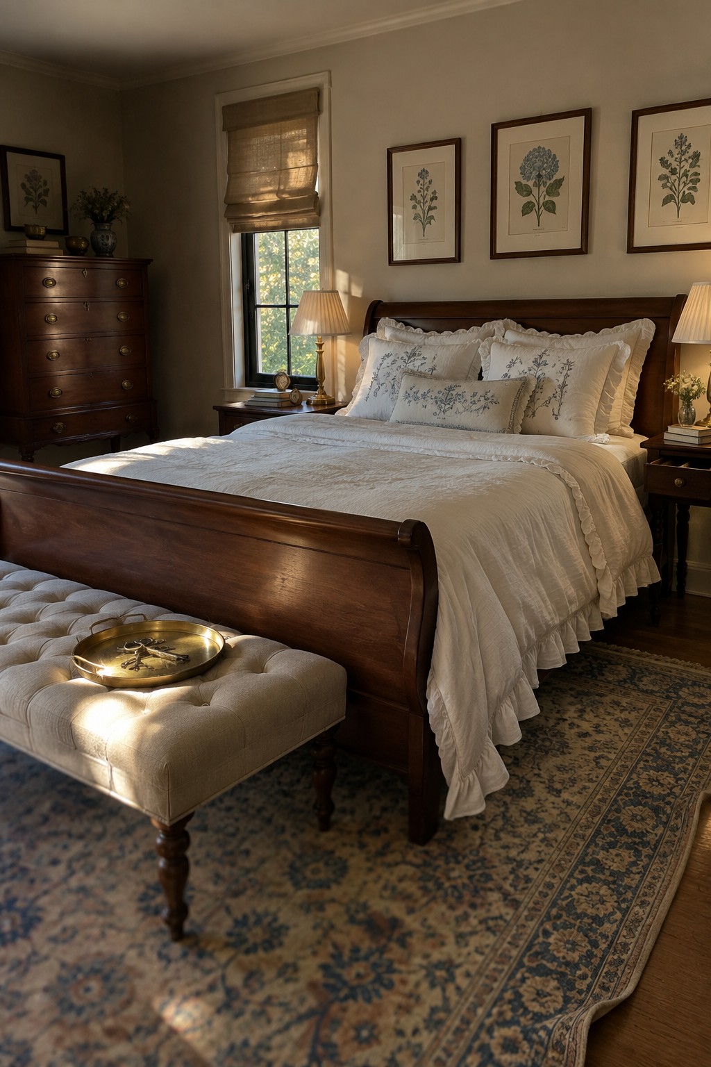 Traditional bedroom with dark wood sleigh bed, white ruffled linens, tufted bench, and botanical prints.