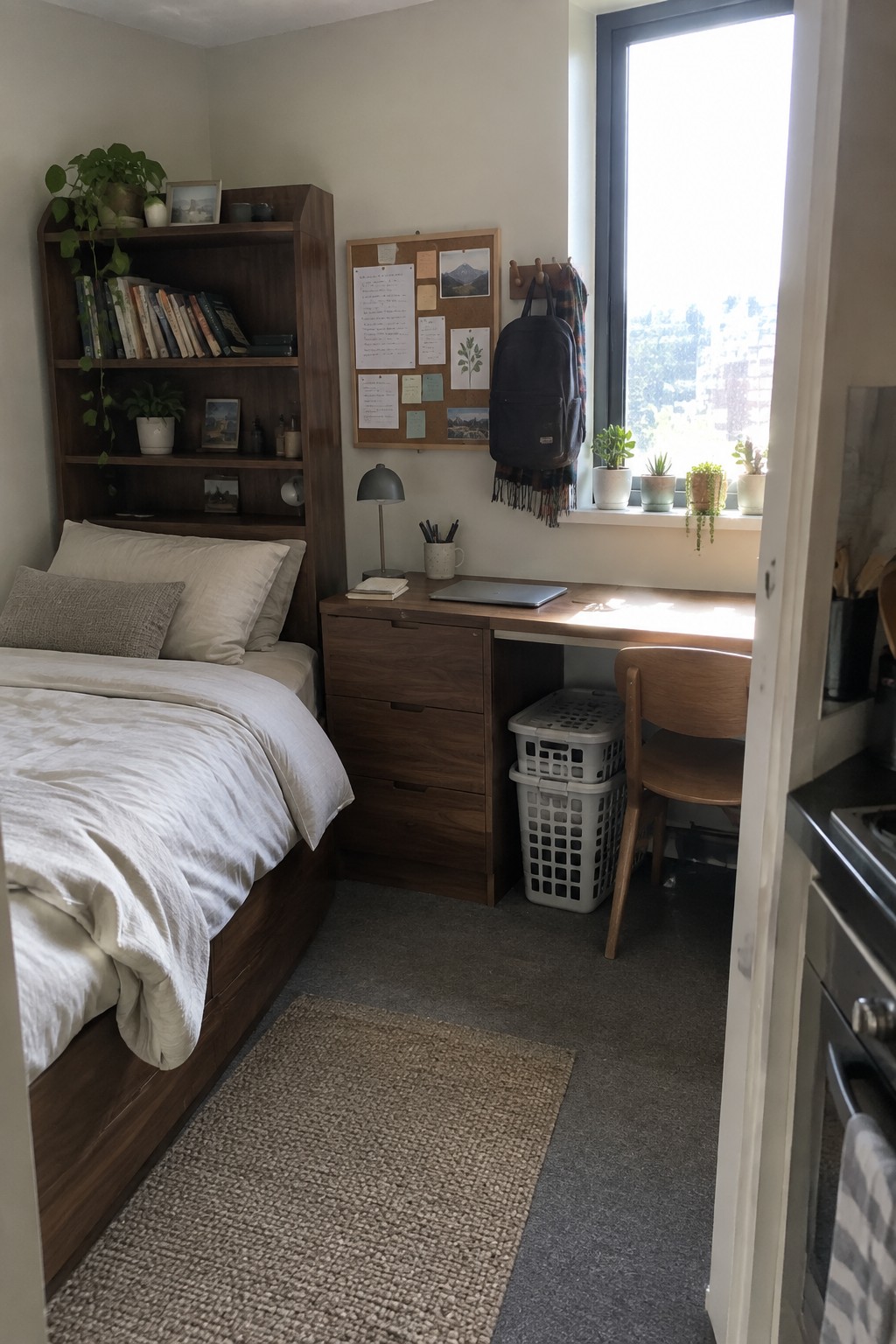 Cozy bedroom with wooden bed, desk under window, bookshelf, corkboard and plants