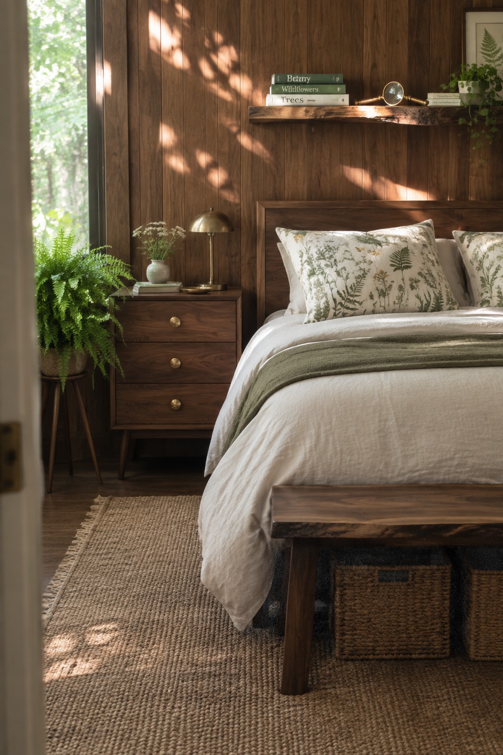 A bedroom featuring a dark walnut bed frame, nightstand, and bench at the foot of the bed with white and green bedding on a woven rug.
