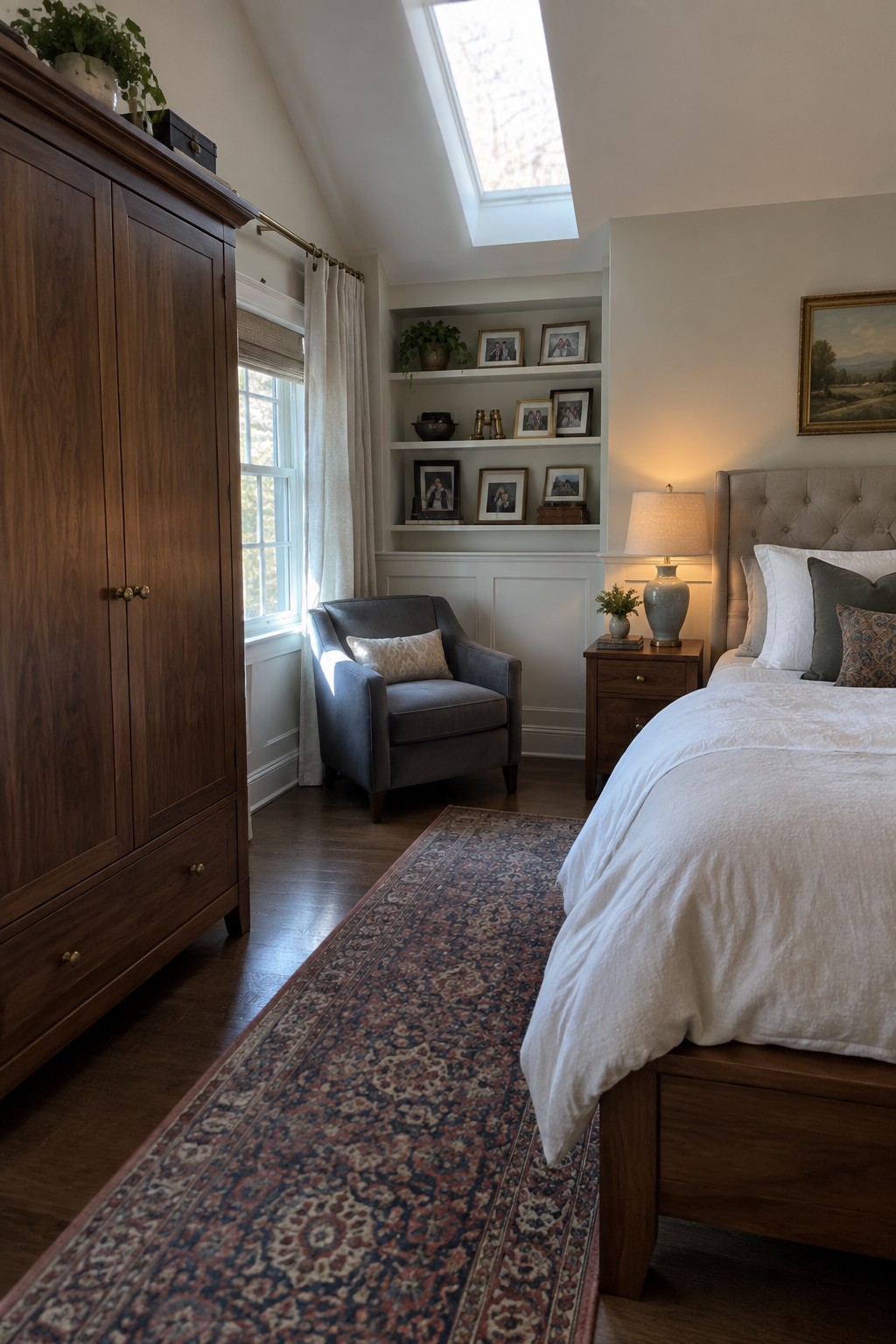 Cozy bedroom with wooden bed, white linens, gray armchair, built-in shelves, and skylight.