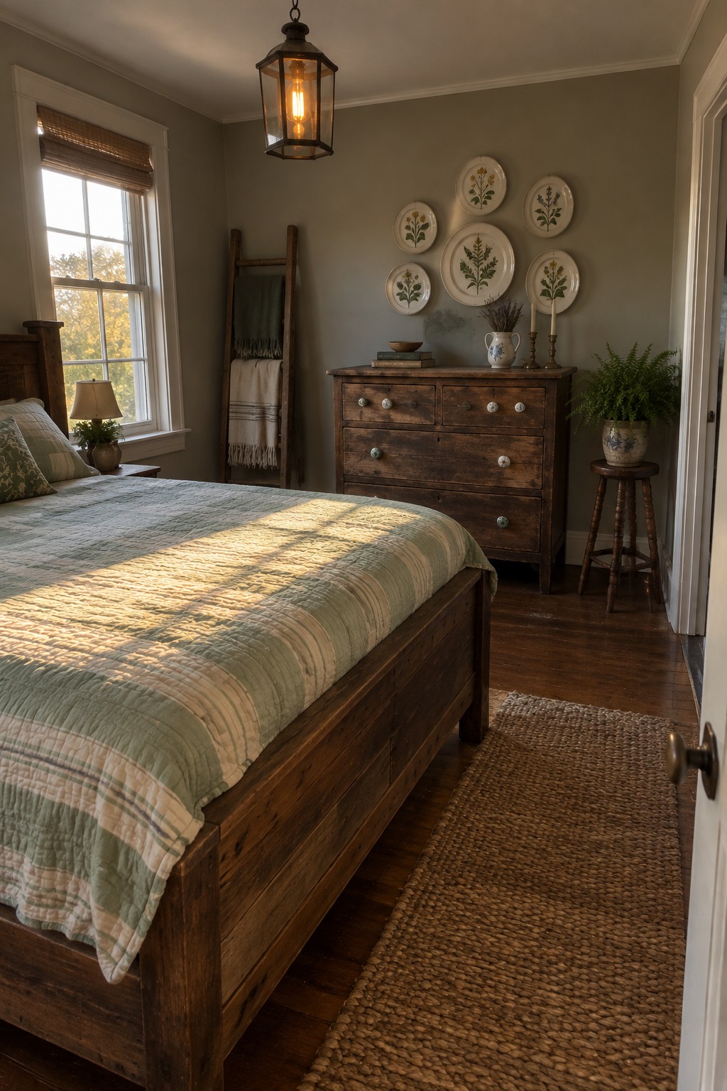 A bedroom with a dark walnut bed frame covered in a green striped quilt, a matching rustic dresser against a sage wall, and decorative plates above it.