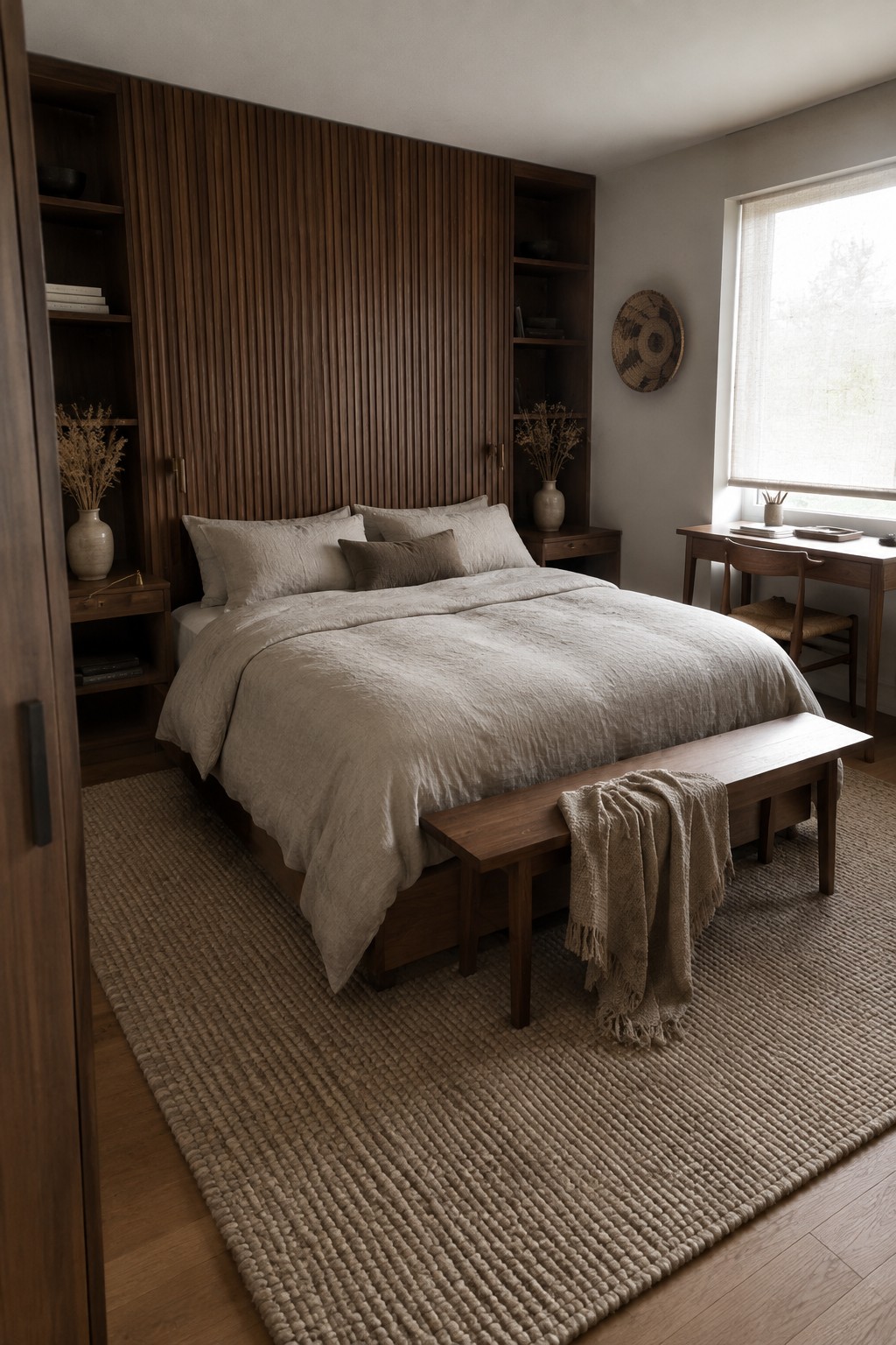 Minimalist bedroom with dark wood bed, beige linens, bench, and woven rug